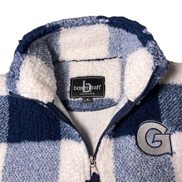 Boxercraft Blue Plaid Sherpa Jacket Georgetown University Patch Logo Mens Size S - Picture 4 of 7